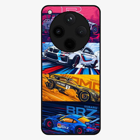 JDM Sports Car Glass Case showing flat back view with high performance sports car artwork and glossy glass finish.