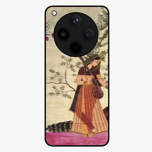 Lady With Veena Art Glass Case showing flat back view with elegant woman playing veena artwork and glossy glass finish.