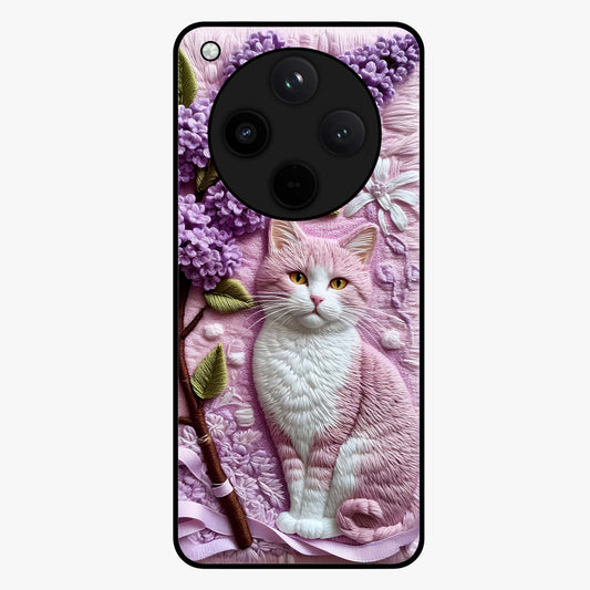 Lavender Cat Whimsy Glass Case showing flat back view with cute lavender cat artwork and glossy glass finish.