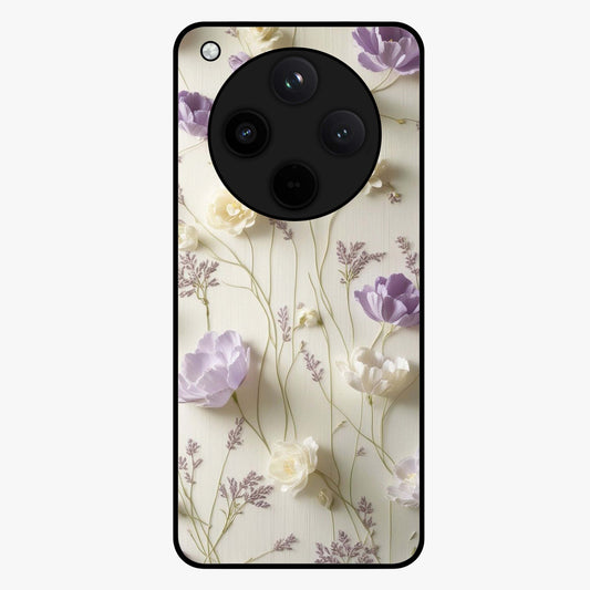 Lilac Breeze Harmony Glass Case showing flat back view with soft lilac themed artwork and glossy glass finish.