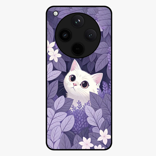 Lilac Hide Peek Cat Glass Case showing flat back view with cute peeking cat artwork and glossy glass finish.