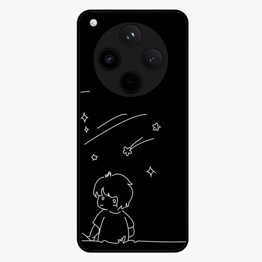 Line Art Boy With Shooting Stars Glass Case showing flat back view with minimal line art boy and shooting stars illustration and glossy glass finish.