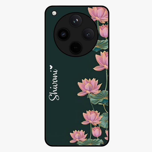 Lotus Bloom Serenity Custom Name Glass Case showing flat back view with elegant lotus flower artwork and personalized name design.