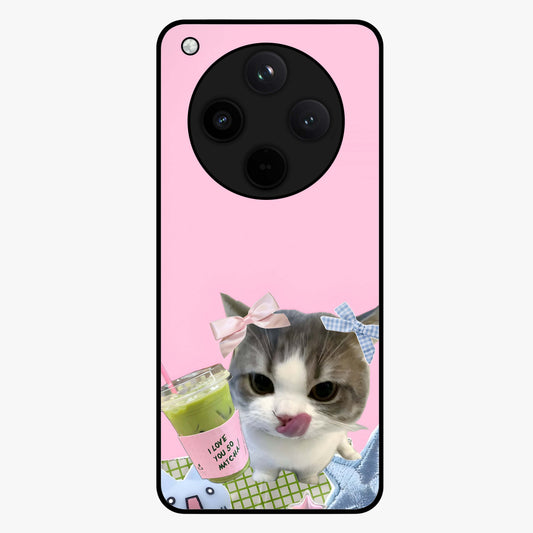 Love Matcha Cat Glass Case showing flat back view with cute cat and matcha themed artwork and glossy glass finish.