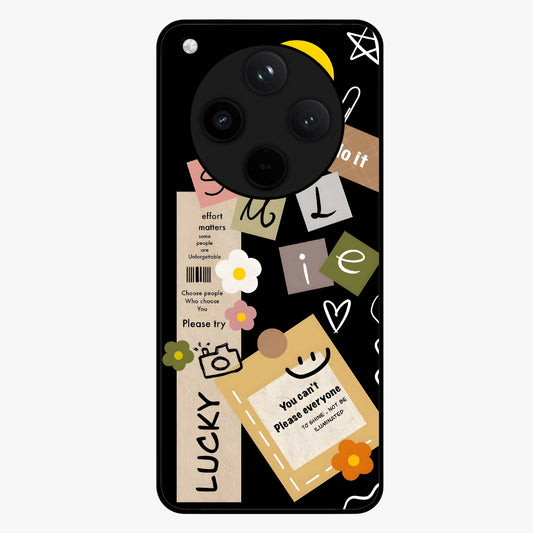 Lucky Aesthetic Collage Glass Case showing flat back view with trendy aesthetic collage artwork and glossy glass finish.