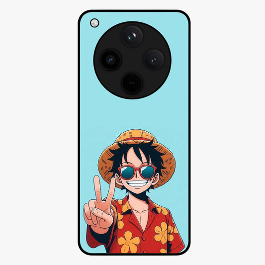 Luffy Summer Anime Vibe Glass Case showing flat back view with vibrant anime character artwork and glossy glass finish.