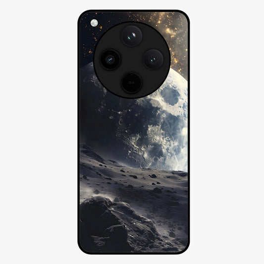 Lunar Horizon Glow Glass Case showing flat back view with glowing moon horizon artwork and glossy glass finish.