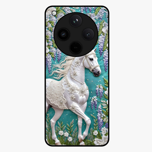 Majestic Floral Stallion Glass Case showing flat back view with powerful horse and floral artwork and glossy glass finish.