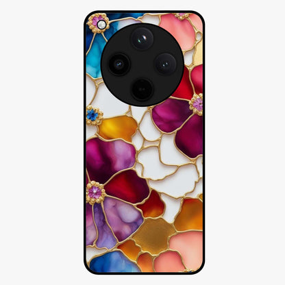 Marble Flower Pattern Glass Case showing flat back view with marble texture floral artwork and glossy glass finish.