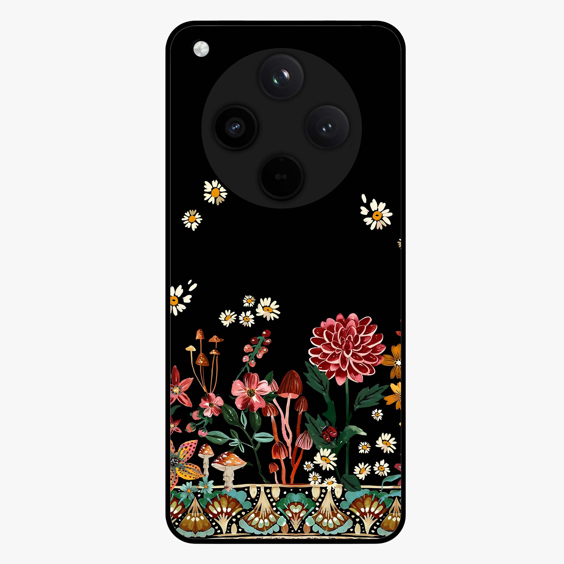Midnight Bloom Pattern Glass Case showing flat back view with dark floral pattern artwork and glossy glass finish.