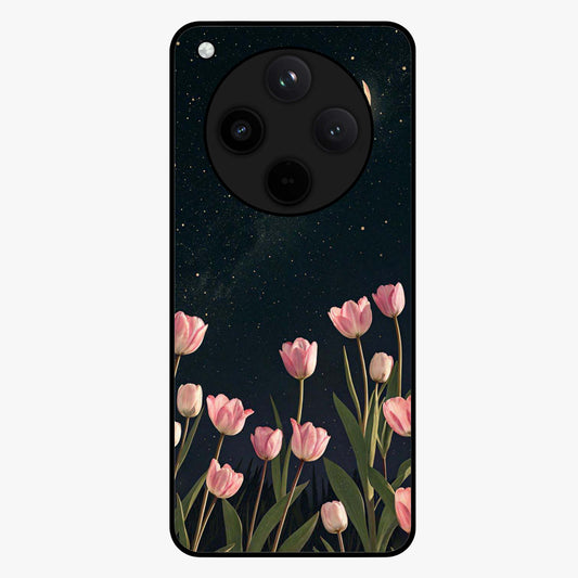 Midnight Tulip Whispers Vibe Glass Case showing flat back view with elegant tulip flower artwork and glossy glass finish.