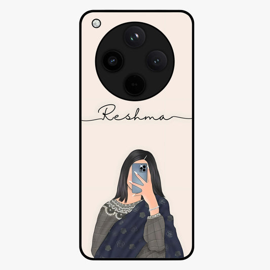 Mirror Mood Muse With Custom Name Glass Case showing flat back view with stylish mirrored artwork and personalized name design.