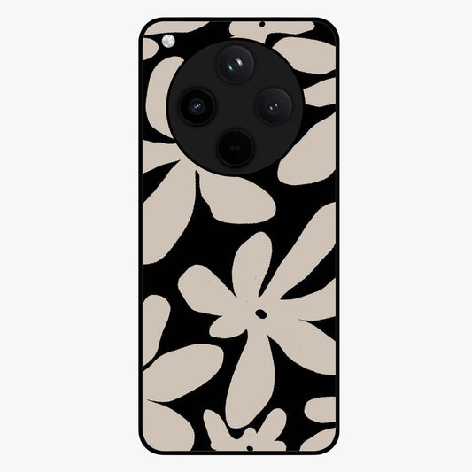 Monochrome Petal Dance Glass Case showing flat back view with monochrome floral artwork and glossy glass finish.