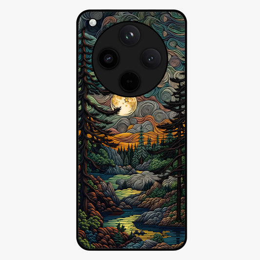 Moonlight Forest Dream Glass Case showing flat back view with mystical forest moonlight artwork and glossy glass finish.