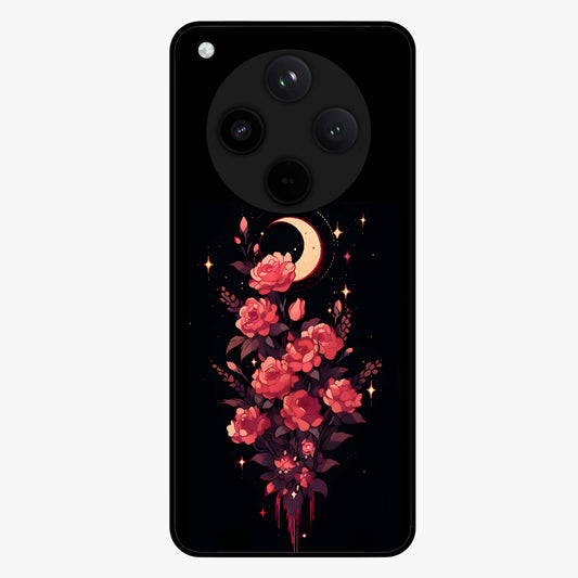 Moonlit Floral Elegance Glass Case showing flat back view with elegant floral artwork under moonlit tones and glossy glass finish.