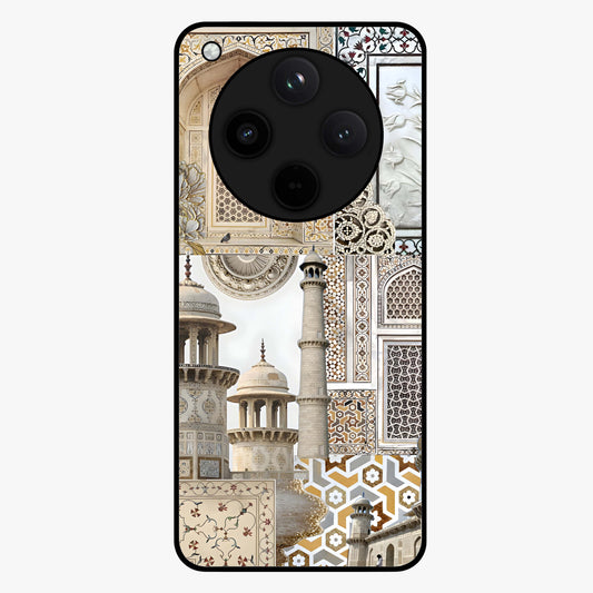 Mughal Marble Legacy Glass Case showing flat back view with intricate Mughal inspired marble pattern and glossy glass finish.