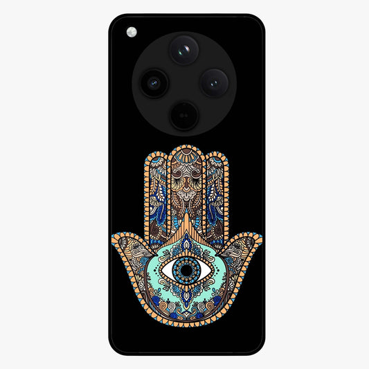 Mystic Hamsa Eye Glass Case showing flat back view with protective hamsa hand and evil eye artwork and glossy glass finish.