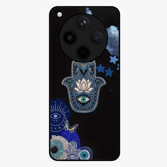 Mystic Hand Aura Glass Case showing flat back view with mystical hand symbol artwork and glossy glass finish.