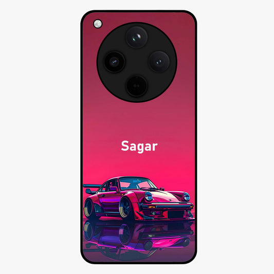 Neon Pink Porsche Glass Case showing flat back view with stylish sports car artwork and glossy glass finish.