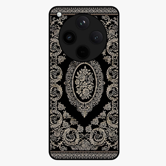 Noir Bloom Elegance Glass Case showing flat back view with elegant dark floral artwork and glossy glass finish.