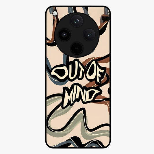 Out Of Mind Glass Case showing flat back view with expressive typography artwork and glossy glass finish.
