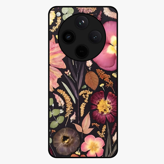 Petal Dream Tapestry Glass Case showing flat back view with intricate floral tapestry artwork and glossy glass finish.