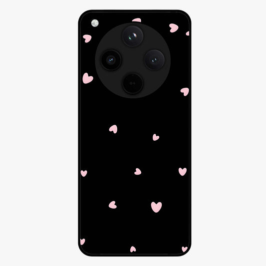 Pink Love Drops Glass Case showing flat back view with playful pink heart drops artwork and glossy glass finish.