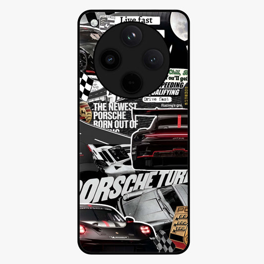 Porsche Racing Collage Glass Case showing flat back view with sports car racing collage artwork and glossy glass finish.