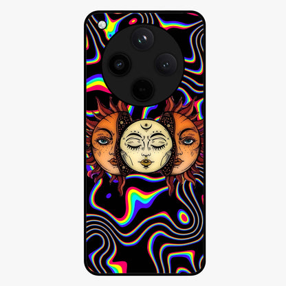Psychedelic Sun Glass Case showing flat back view with colorful psychedelic sun artwork and glossy glass finish.