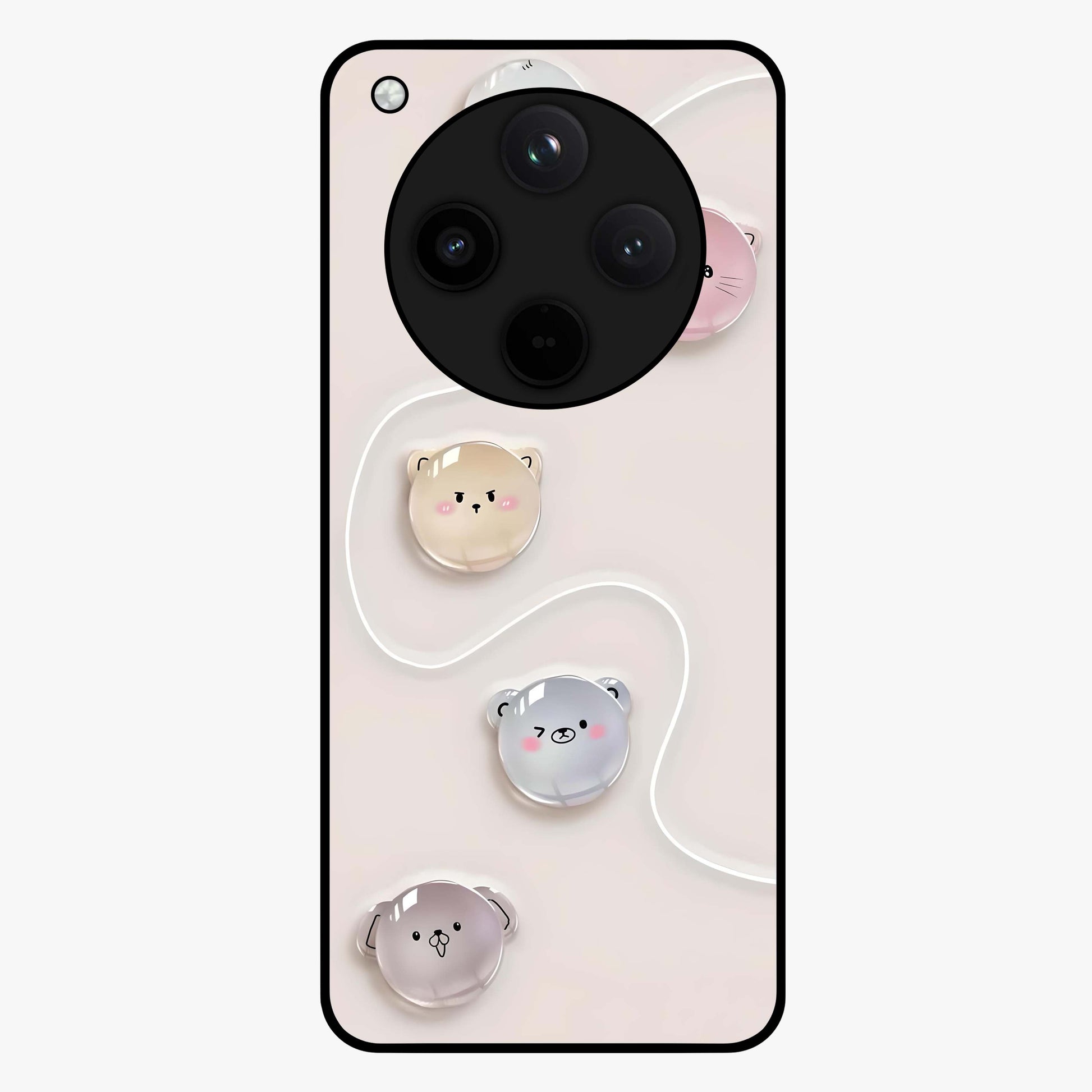 Puffy Face Parade Glass Case showing flat back view with cute puffy character faces artwork and glossy glass finish.