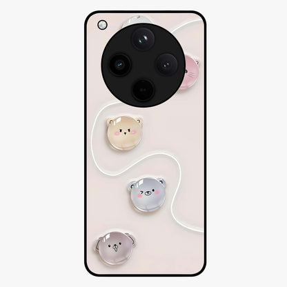Puffy Face Parade Glass Case showing flat back view with cute puffy character faces artwork and glossy glass finish.