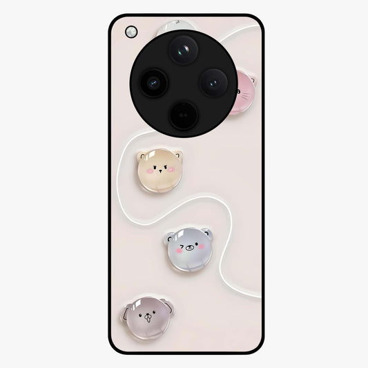 Puffy Face Parade Glass Case showing flat back view with cute puffy character faces artwork and glossy glass finish.
