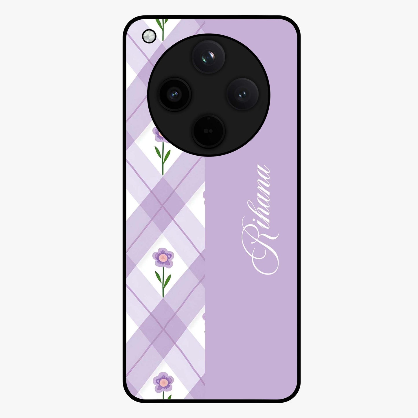 Purple Diamond Floral Glass Case showing flat back view with diamond shaped floral artwork and glossy glass finish.