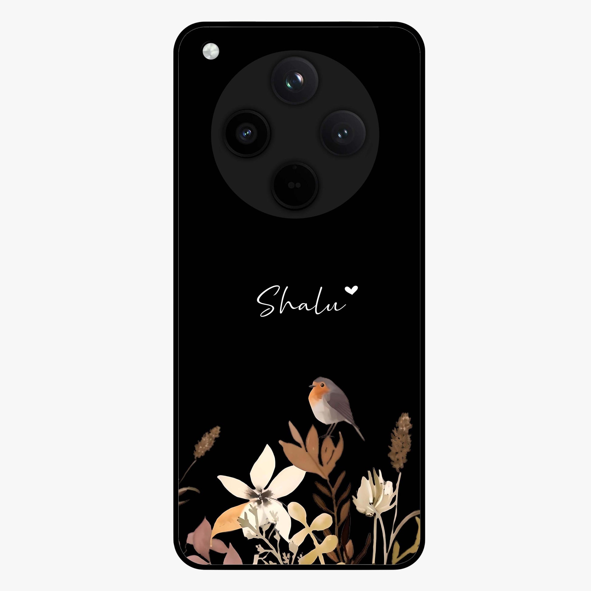 Quiet Garden Tune Custom Name Glass Case showing flat back view with peaceful garden artwork and personalized name design.