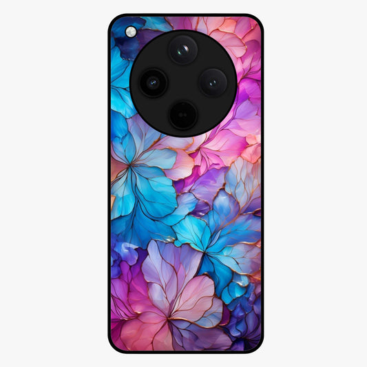 Radiant Floral Whirl Glass Case showing flat back view with swirling floral artwork and glossy glass finish.