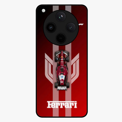 Red Ferrari F1 Vertical Glass Case showing flat back view with sleek Formula racing car artwork and glossy glass finish.
