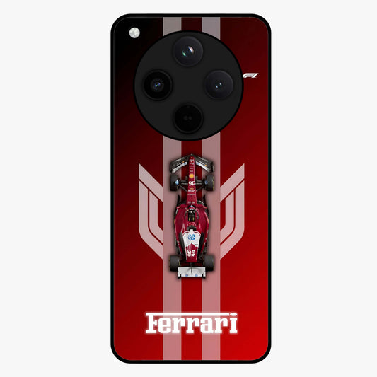 Red Ferrari F1 Vertical Glass Case showing flat back view with sleek Formula racing car artwork and glossy glass finish.