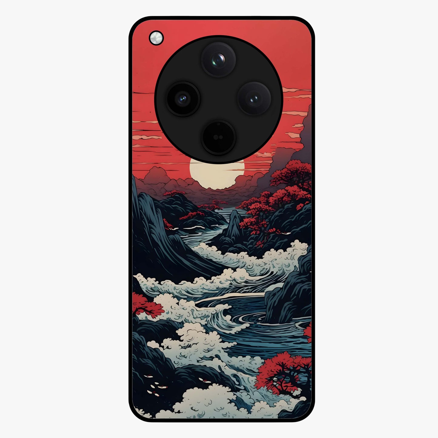 Red Sunset Scenery Glass Case showing flat back view with vibrant sunset landscape artwork and glossy glass finish.