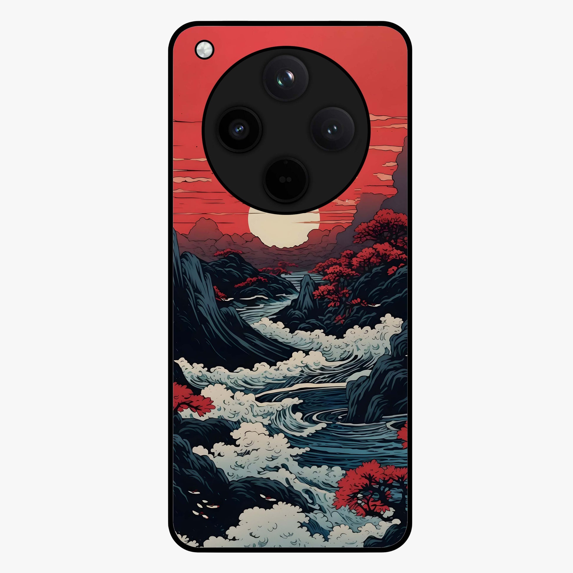 Red Sunset Scenery Glass Case showing flat back view with vibrant sunset landscape artwork and glossy glass finish.