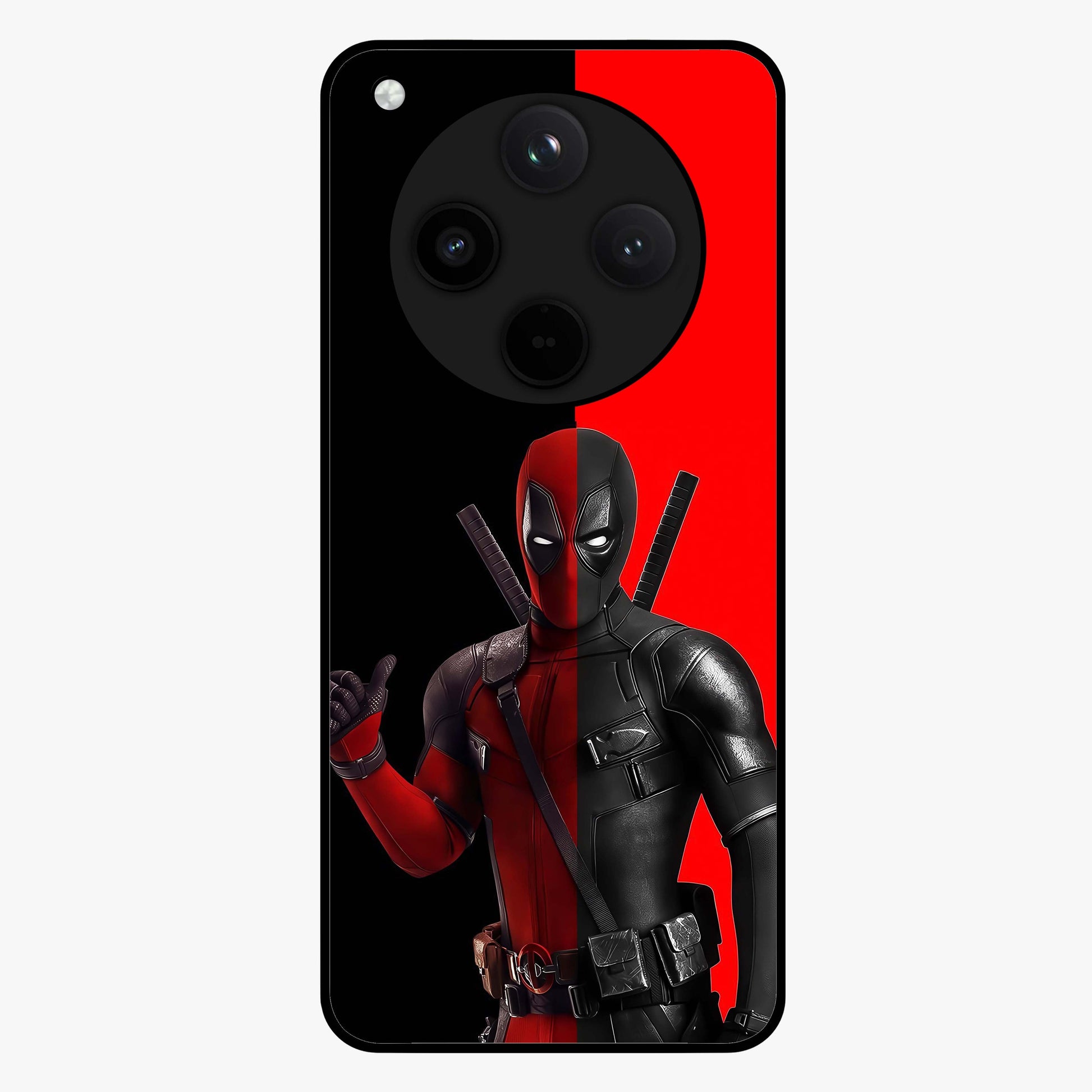 Red & Black Deadpool Theme Glass Case showing flat back view with bold comic inspired artwork and glossy glass finish.