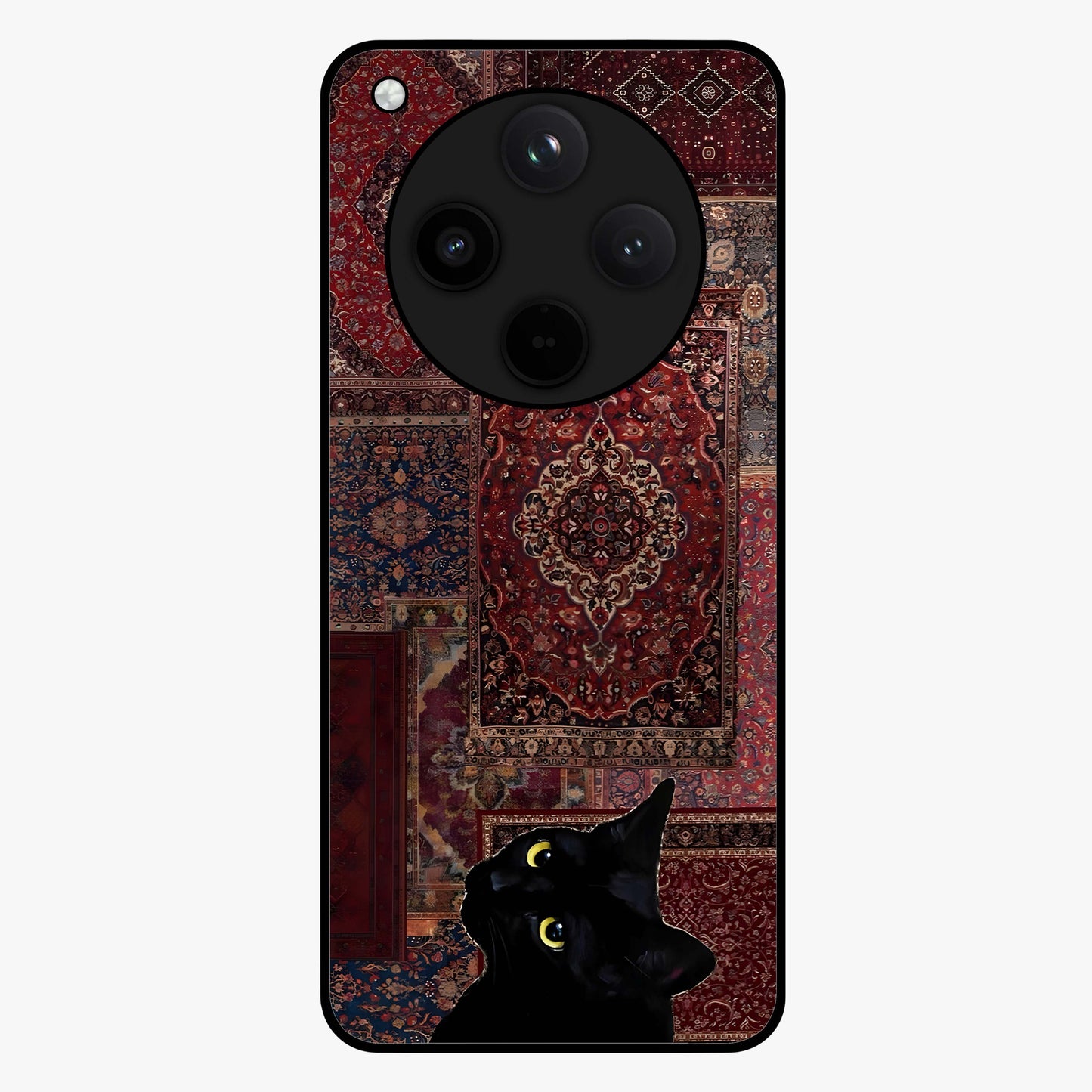 Regal Magic Cat Apple Glass Case showing flat back view with magical cat artwork holding apple and glossy glass finish.