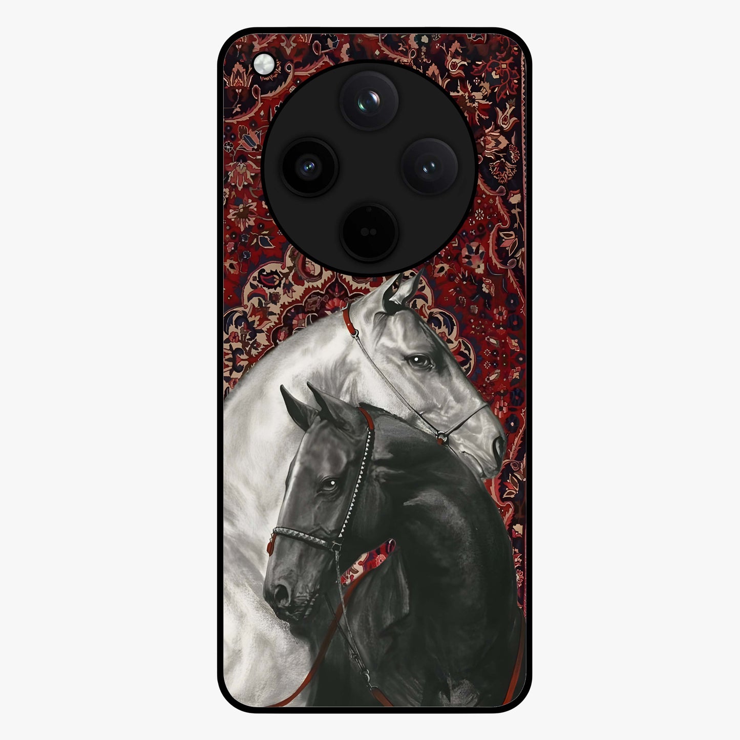 Regal Stallion Tapestry Glass Case showing flat back view with majestic horse tapestry artwork and glossy glass finish.