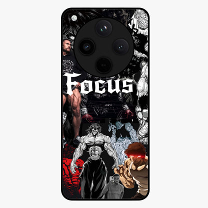 Relentless Power Focus Glass Case showing flat back view with motivational typography artwork and glossy glass finish.