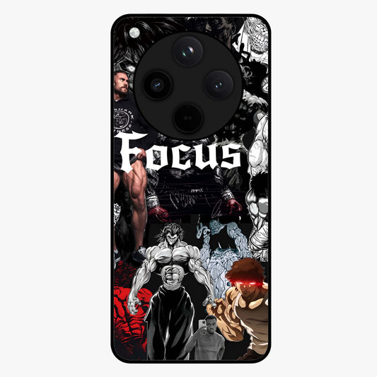 Relentless Power Focus Glass Case showing flat back view with motivational typography artwork and glossy glass finish.