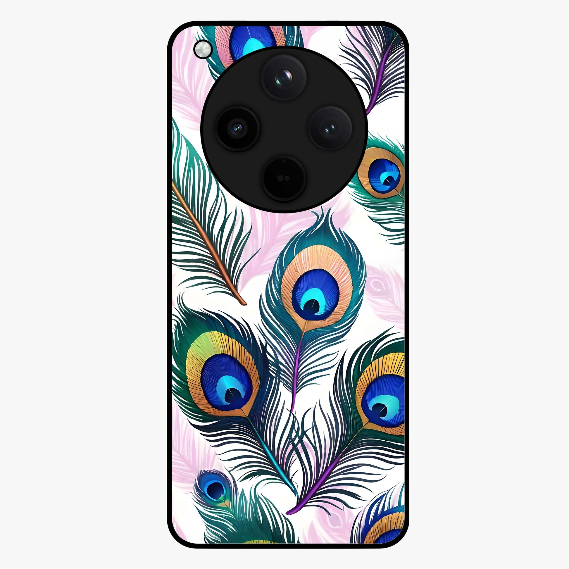 Royal Peacock Feathers Glass Case showing flat back view with colorful peacock feather artwork and glossy glass finish.