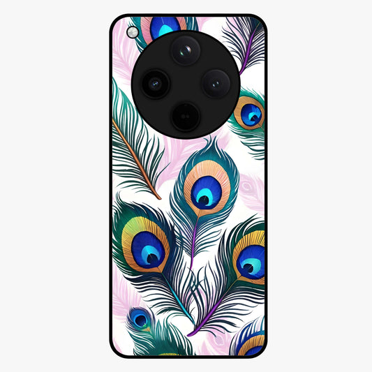 Royal Peacock Feathers Glass Case showing flat back view with colorful peacock feather artwork and glossy glass finish.