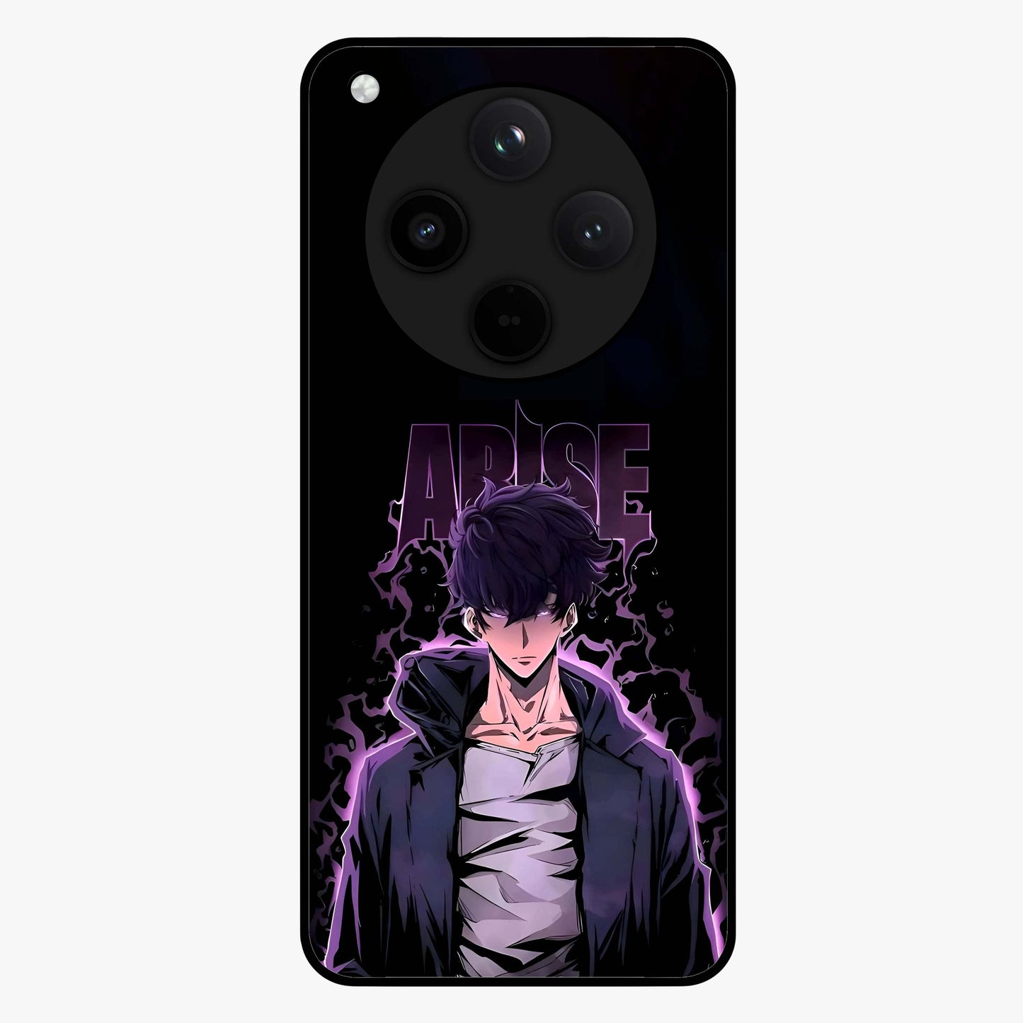 Shadow Monarch Awakening Glass Case showing flat back view with powerful dark monarch themed artwork and glossy glass finish.