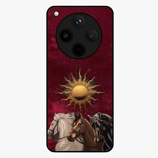 Solar Riders Glass Case showing flat back view with dynamic rider themed artwork and glossy glass finish.
