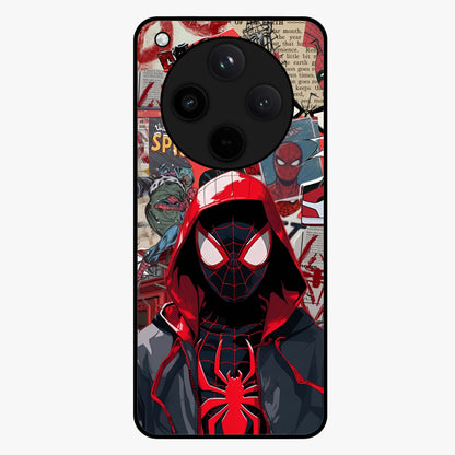 Spider Collage Street Glass Case showing flat back view with vibrant superhero collage artwork and glossy glass finish.