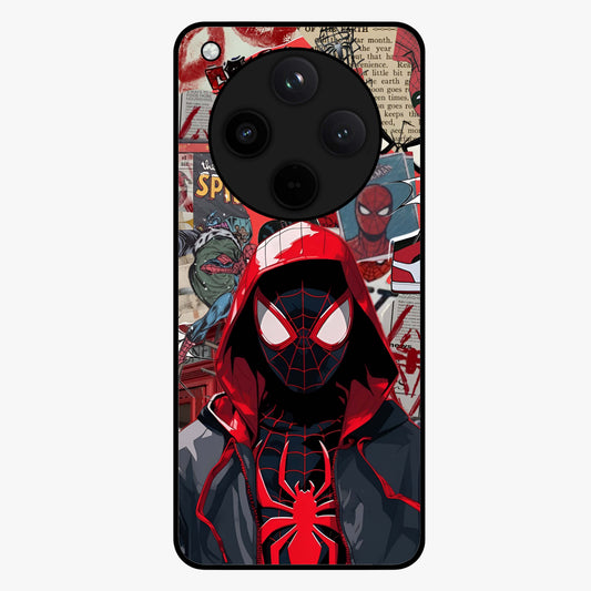 Spider Collage Street Glass Case showing flat back view with vibrant superhero collage artwork and glossy glass finish.
